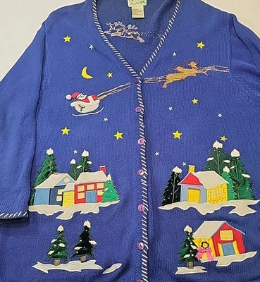 Vtg Quacker Factory  Christmas Eve Embroidered Santa Cardigan Sweater 2X  Blue  - Image 1 of 4