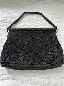 Delill Brand Vintage Black Beaded Metal Closure Clutch Purse Made in Japan - Picture 1 of 7