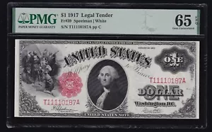US 1917 $1 Legal Tender Speelman/White FR 39 PMG 65 EPQ (187) 1 of 2 CONSECUTIVE - Picture 1 of 2