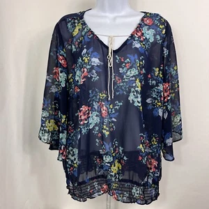 A.N.A Blouse Women's Size 1X Long Sleeve Chiffon Tunic Blue Floral Lightweight - Picture 1 of 12