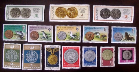 Coins on Stamps Lot#516  Finland, Bulgaria, Austria, Falkland Islands Cover