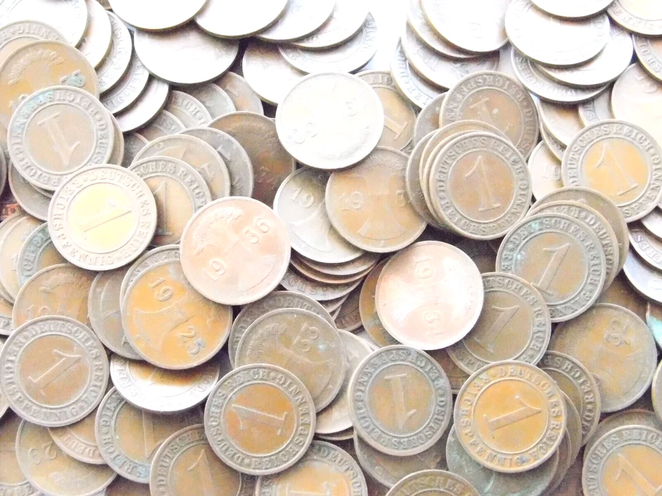LOT GERMAN Coins 100x 1 REICHSPFENNIG 1923- 1936 Copper WEIMAR 3RD Reich Pfennig - Image 1 of 4