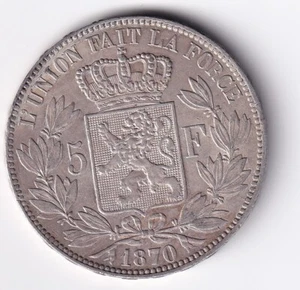 1870 Belgium 5 Francs Leopold II Roi des Belges .900 Silver Large Coin #2 - Picture 1 of 2