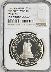1994 Seychelles Silver 25 Rupee coin Queen Mother Wedding NGC PF 69 ULTRA CAMEO - Picture 1 of 2