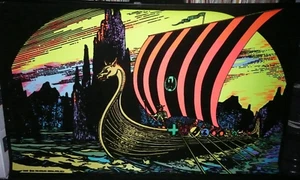 Vtg Pro Arts Black light 32" x 20" Poster Viking Ship (SHOWN UNDER BLACK LIGHT) - Picture 1 of 13