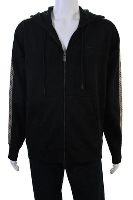 Burberry Mens Full-Zip Hoodie Black Check Cotton Designer Size M - Image 1 of 4