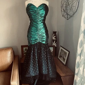 Vintage 80s Prom Green Metallic Mermaid Dress Polka Dot Tulle Ruched Retro Glam - Picture 1 of 19