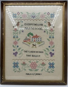 VTG 1956 Signed Cross Stitch Sampler Psalm 127:1 As 4 Me & My House 21"x17" - Picture 1 of 9