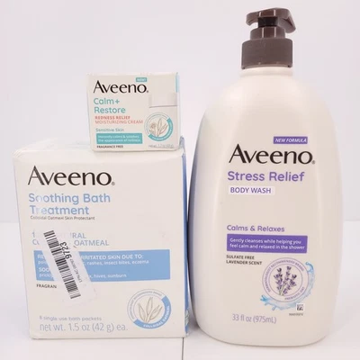 Aveeno Lot of 3 Stress Relief Body Wash Soothing Bath Treatment Relief Cream - Image 1 of 4
