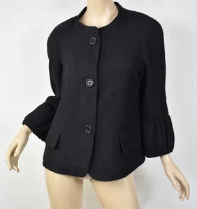 TALBOTS Black Boucle Wool Blend 3/4 Bubble-Sleeve Collarless Blazer Jacket 12 - Picture 1 of 5
