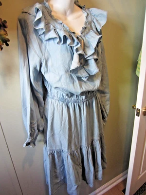 LAUREN RALPH LAUREN DENIM CHAMBRAY DRESS RUFFLED BLOUSON SZ 4 WESTERN BOHO NWT - Image 1 of 4