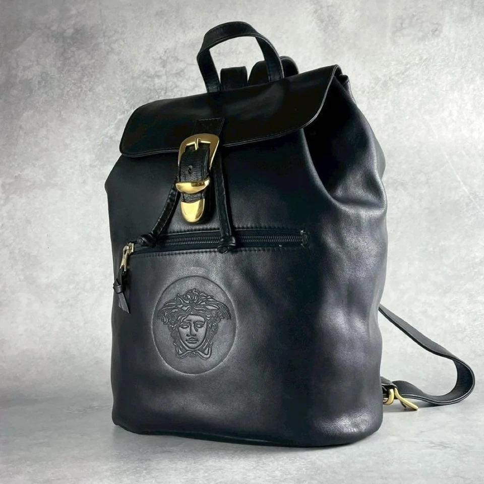 Vintage Gianni Versace Medusa Embossed Leather Backpack Black Italy Made Auth - Image 1 of 4