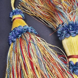 2 Quaste Raffbänder blau gold Holz Kordel Landhaus Gardine Gardine Vintage - Bild 1 von 5