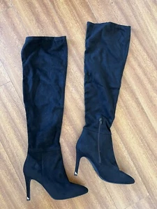 Call It Spring Women Over The Knee Black Vegan Suede Boots Pointed Toe Side Zip - Picture 1 of 9