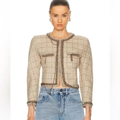 Chanel incontra il punk NUOVO con etichette! Blazer in tweed panna R13 con catene M L