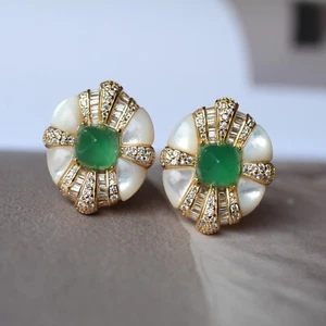Vintage Green Chrysoprase Studs Earring 925 Silver gold plated GIFT FOR women's - Picture 1 of 12