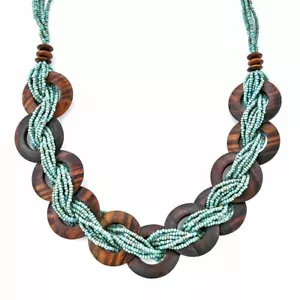 Bali Perline Semi Colore Turchese e Legno 26 in Collana Nuove - Con Scatola - Foto 1 di 3