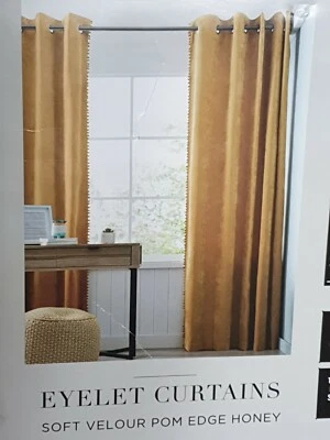 Next Soft Velour Pom Edge Eyelet Fully Lined Curtain - Honey 168x229cm RRP £110  - Image 1 of 4
