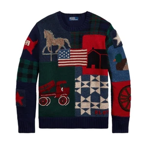 NUEVO SUÉTER BANDERA PATCHWORK POLO PARA HOMBRE RALPH LAUREN LANA EN AZUL MARINO - Imagen 1 de 1