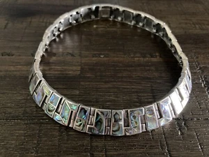Vintage 925 Sterling Silver Abalone Paua Inlay NZ Designer Choker Necklace 113gm - Picture 1 of 7