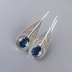 Genuine LONDON BLUE TOPAZ Sterling Silver Dangle Drop Minimal Earrings Jewelry - Picture 1 of 6