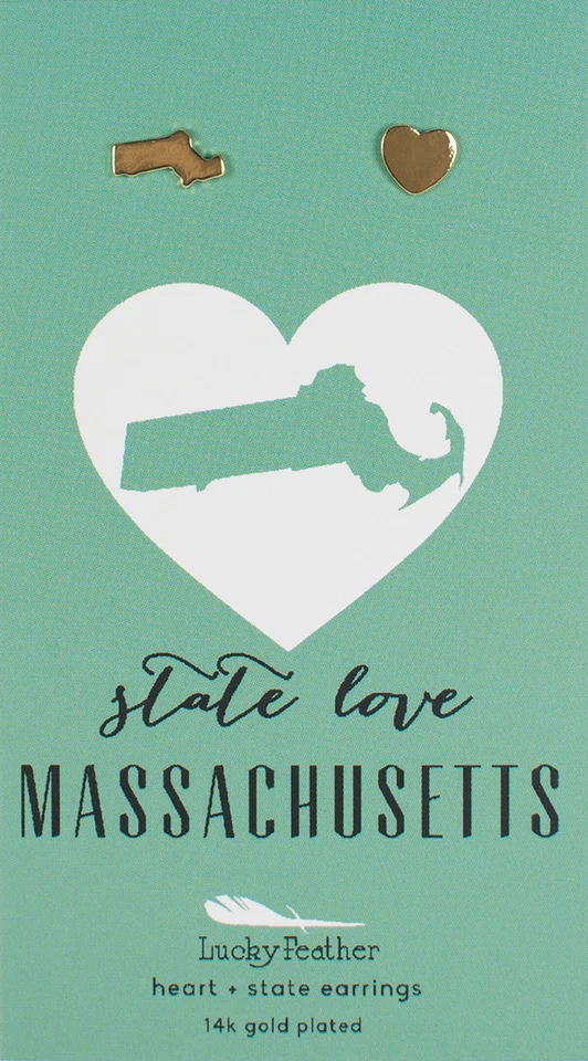 Massachusetts - Lucky Feather Heart + State Earrings 14k Gold Plated State Love - Изображение 1 из 1