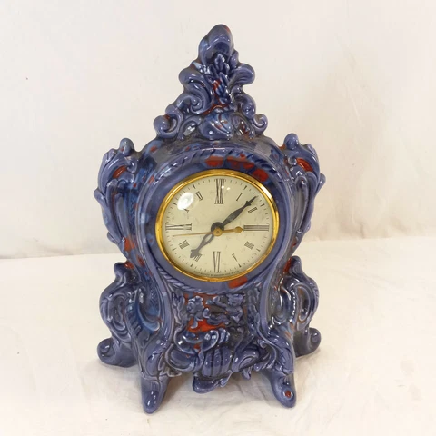 Vintage 11" Tall Ceramic Shelf Clock Movement By Sessions Made In USA Purple Red Cover