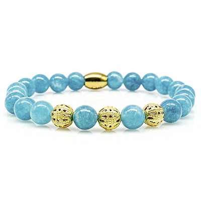 Jade Armband Bracelet Perlenarmband Amazonite 24k vergoldet Beads 8mm Edelstahl - Bild 1 von 2