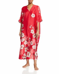 Natori Magnolia Reißverschluss vorne Kaftan Blumendruck seidig Größe XS (180 $) Neu mit Etikett - Bild 1 von 3