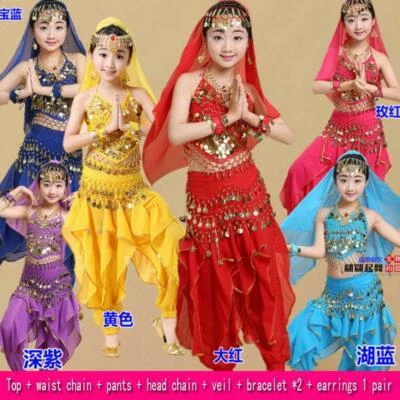 Kids Girls Belly Dance Costume Outfit Indian Performance Clothing +Accessories - Image 1 of 4