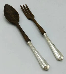 Juego de tenedor y cuchara de madera para servidor de ensaladas con asas de plata esterlina mono - Imagen 1 de 6