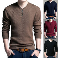 Men Buttons Casual V Neck Pullover Basic Solid Tee Sweaters Long Sleeve T Shirts