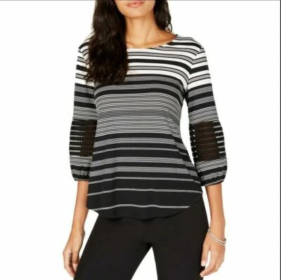 ALFANI NUEVO Para Mujer Negro Ilusión Crochet Ribete Rayas Blusa Camisa Top M TEDO Foto 1 de 2