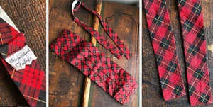 VTG 50s SET ALL COTTON PLAID RED BLACK SELF TIE+CUMMERBUND BRASS ADJUSTABLE EUC - Picture 1 of 12