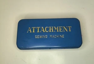 Vtg Metal Hinged Sewing Machine Attachment Box W/ Accessories Blue - Picture 1 of 7