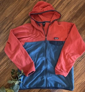 Patagonia Jacket Kids XL 14 Red Blue Micro D Snap T Fleece Full Zip Hood Pocket - Picture 1 of 5