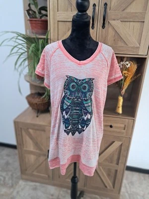 New Directions Large Sheer T-shirt Tunic Dress Pink White Graphic Owl Print Boho - Image 1 of 4