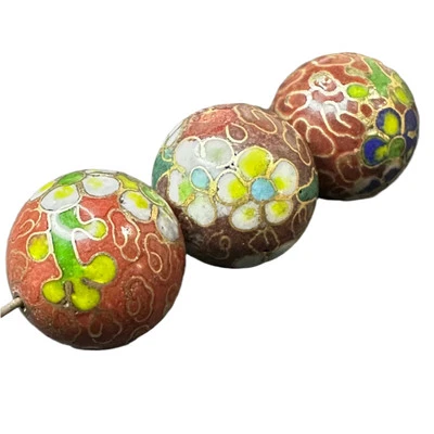 Vintage Chinese Cloisonne Red Floral Bead 18mm Glass Enamel Jewelry - Image 1 of 4