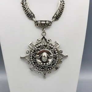 1970-80s Silver Tone Greek Key Revival Helios Sun God Face Pendant Necklace - Picture 1 of 6