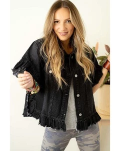 Azura Exchange Black Raw Edge Ruffled Short Sleeve Denim Jacket Women - Imagen 1 de 48