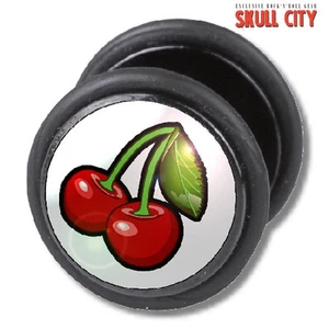 WHITE CHERRIES FAKEPLUG - Fake Piercing Picture Plug Ohrstecker - Rockabella - Picture 1 of 1