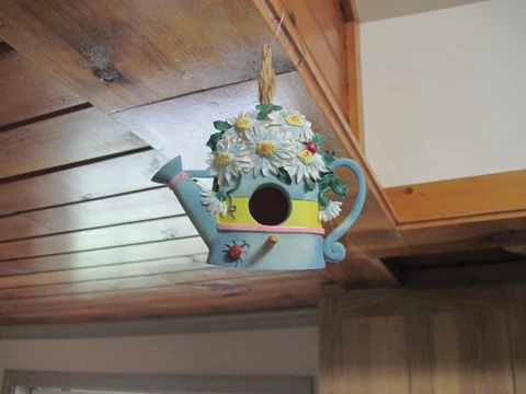 BIRDHOUSE ART DECO HANGING LADYBUG WATERING CAN FLOWERS LOG DAISIES BLUE YELLOW Cover