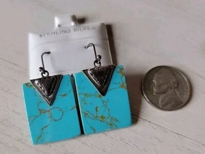 Turquoise Sterling Silver 925 Dangle Earrings Genuine Stone Rectangle NWT - Picture 1 of 3