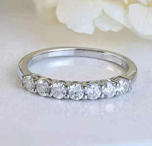 Brilliant Round Cut Real Moissanite Half Eternity Wedding Band 14K White Gold - Picture 1 of 7