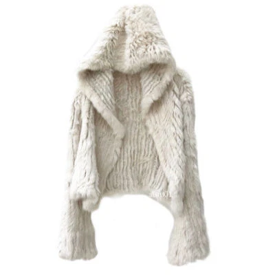 Women Knitted Real Rex Rabbit Fur Hooded Coat Short Knits Jacket Winter Outwear - Image 1 of 4