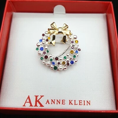Broche broche corona de Navidad multicolor estrás tono dorado y plateado Anne Klein Foto 1 de 4
