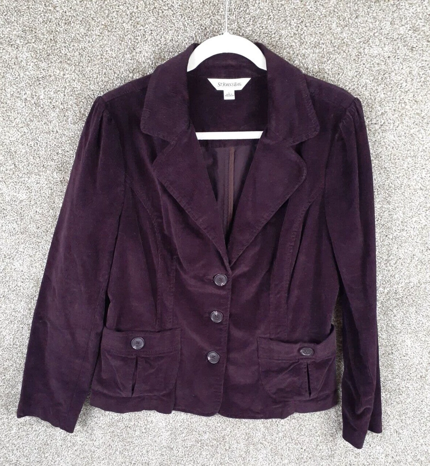 St Johns Bay Corduroy Blazer Womens L Dark Purple Pockets Stretch Three Button - Image 1 of 4