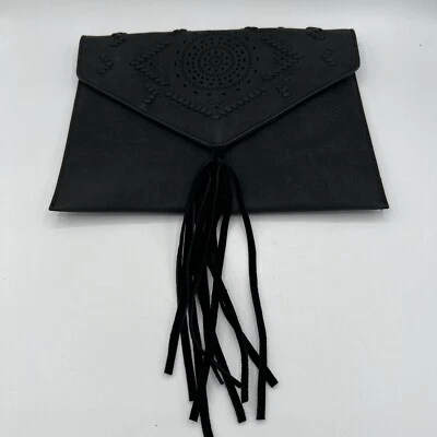 Anthropologie Tassel Envelope Clutch Bag Black Leather Boho Perforated Stitched - Image 1 of 4