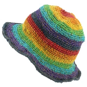 Cappello Da Sole In Canapa Cotone Arcobaleno Estate Nepal Fatto A Mano Naturale - Picture 1 of 3