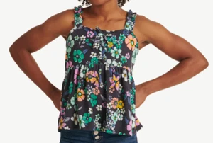 Justice Girl's Knit Lace Up Babydoll Tank Size XL 16/18 Multicolor FLOWER black - Picture 1 of 8